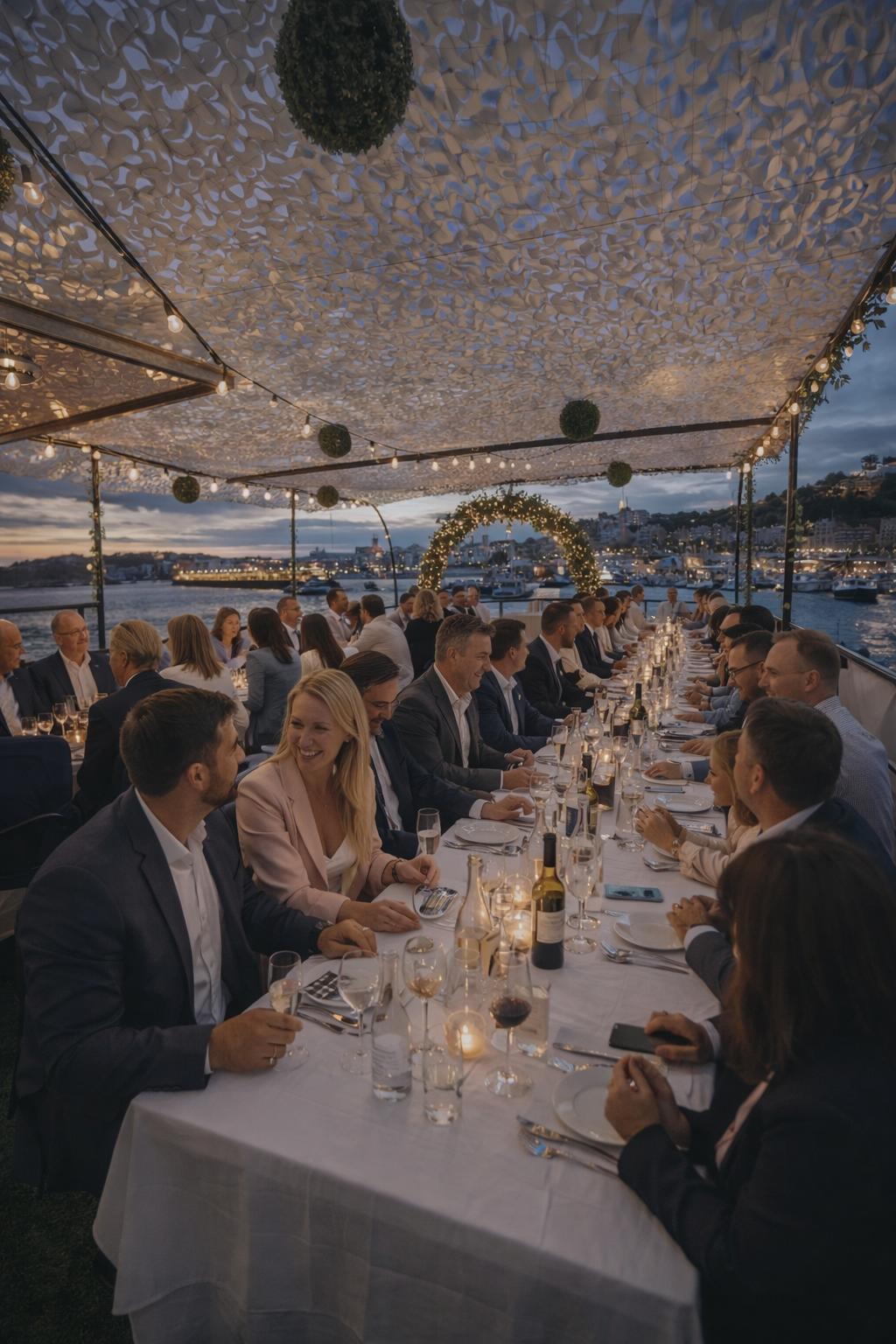 Cena de empresa al atardecer a bordo del Atlantis · Blanes